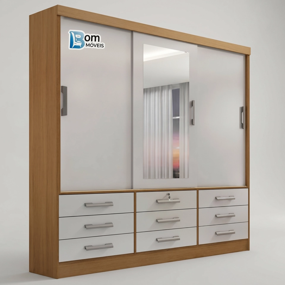Guarda Roupa Meridia 3 Portas Deslizantes, 1 Espelho Inteiro 9 Gavetas C/ 1  Chave - Alt.: 218cm - Larg.: 200cm - Prof.: 52cm.