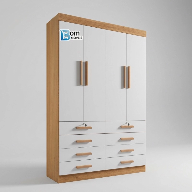 Guarda Roupa Mônaco 4 Portas 8 Gavetas 2 C/ Chave Puxadores De Mdf - Alt.: 230cm - Larg.: 160cm - Prof.: 55cm.