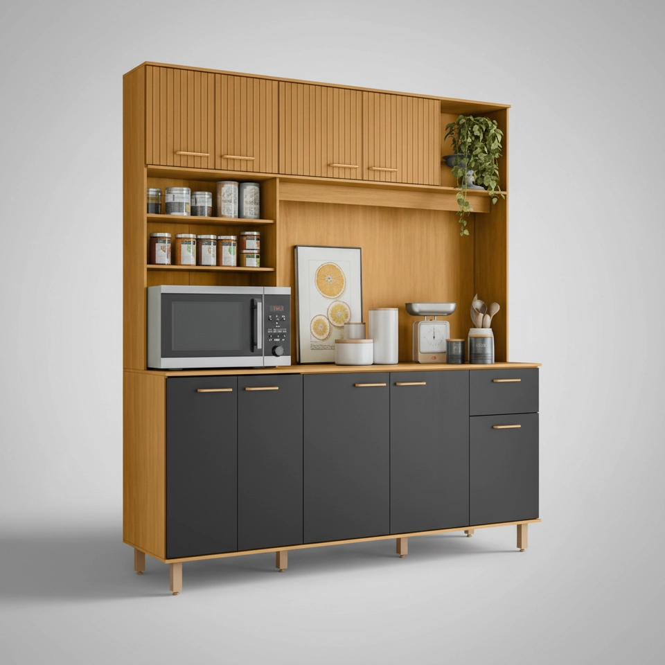 Cozinha Compacta Nuria 9 Portas 4 Superiores Ripadas C/ Nicho Para Micro Ondas - Alt.: 203cm - Larg.: 180cm - Prof.: 50cm.
