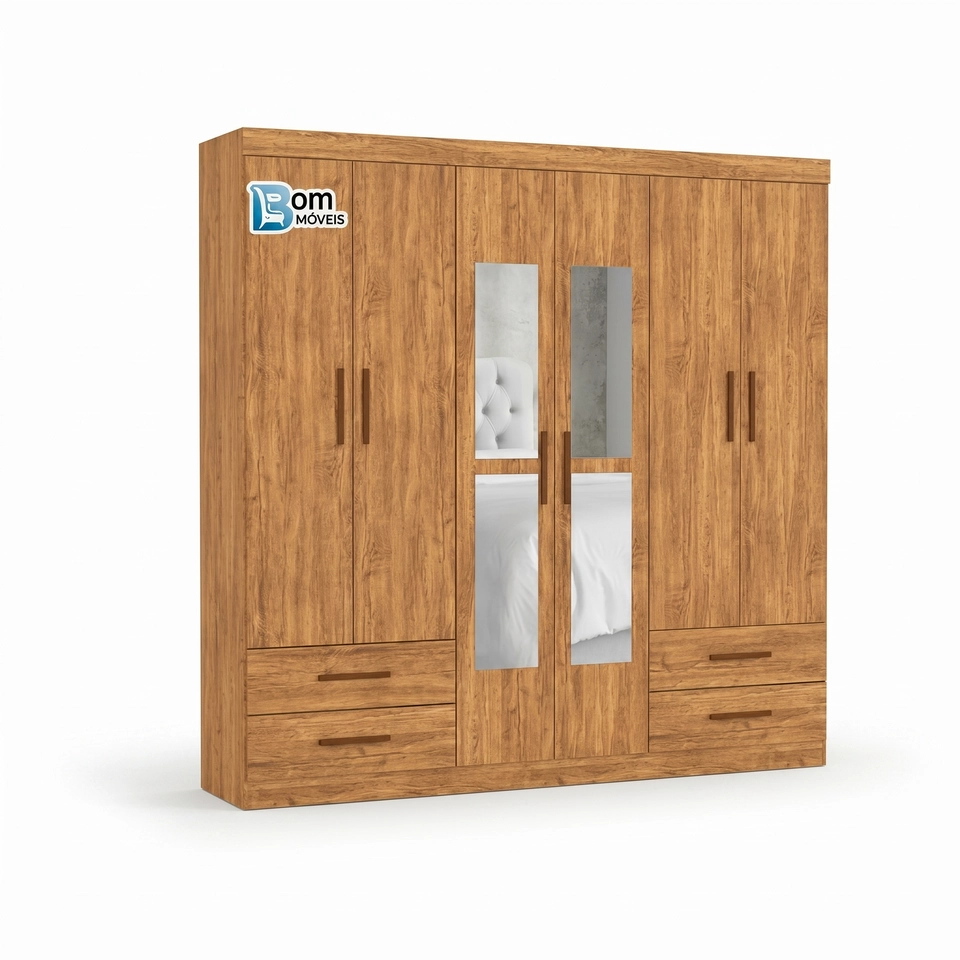 Guarda Roupa Casal Hercules C/ 4 Espelhos 6 Portas 4 Gavetas 5 Prateleiras - Alt.: 200cm  Larg.: 177cm Prof.: 47cm