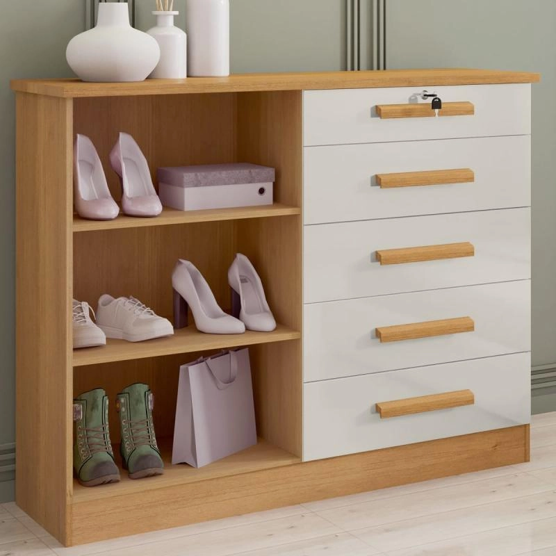 Cômoda Com Sapateira Athos 5 Gavetas Chave 2 Portas 2 Prateleiras Puxadores De Mdf - Alt.: 110cm Larg.: 136cm Prof.: 45cm. - 2