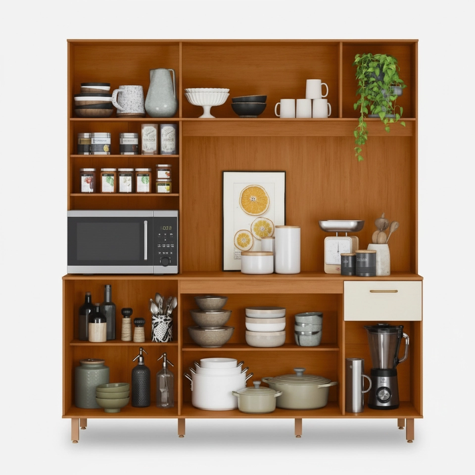 Cozinha Compacta Nuria 9 Portas 4 Superiores Ripadas C/ Nicho Para Micro Ondas - Alt.: 203cm - Larg.: 180cm - Prof.: 50cm. - 4