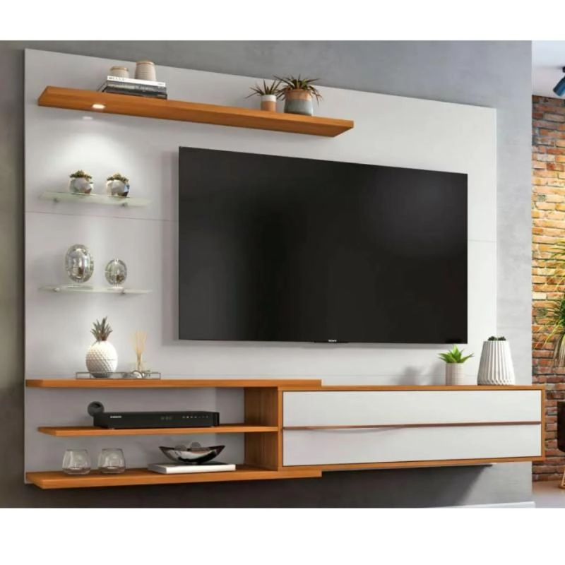 Painel Nt 1115 Para Tv De Até 60 Polegadas C/ Luz De Led 3 Prateleiras 2 De Vidro 1 Porta Báscula Puxador Metalizado - Alt.: 150,5cm Larg.: 180cm Prof.: 36cm. 