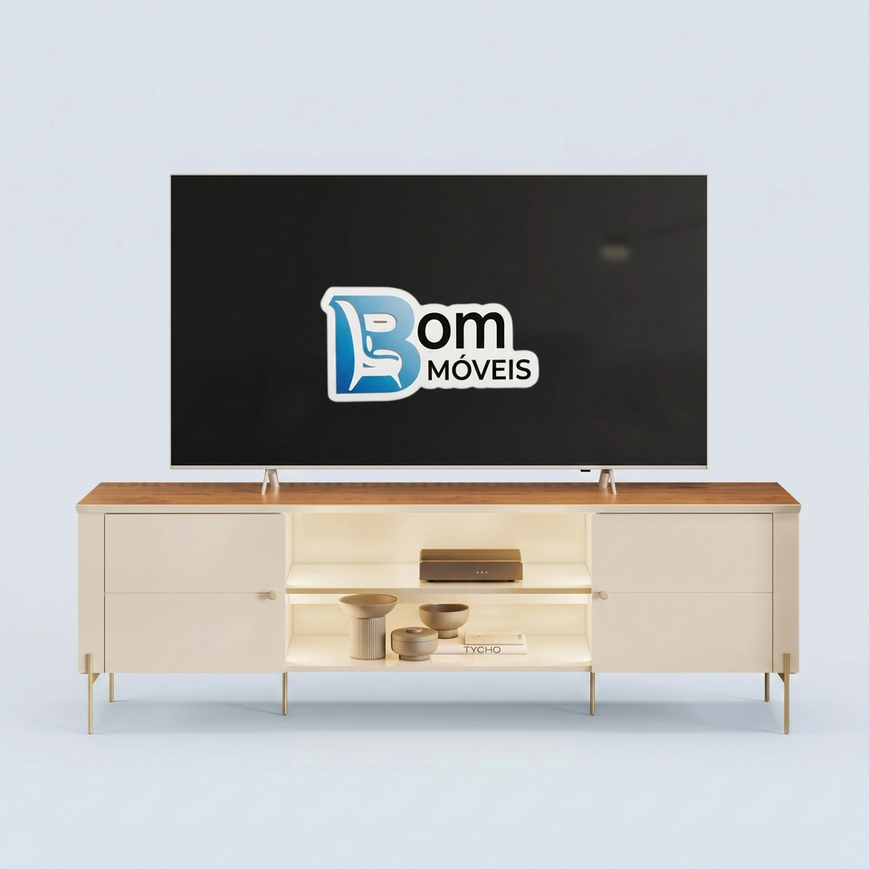 Rack Brasilia C/ Led 2 Portas Tampo Chanfrado 6 Pés De Metal - Alt.: 56cm - Larg.: 180cm - Prof.:38cm 