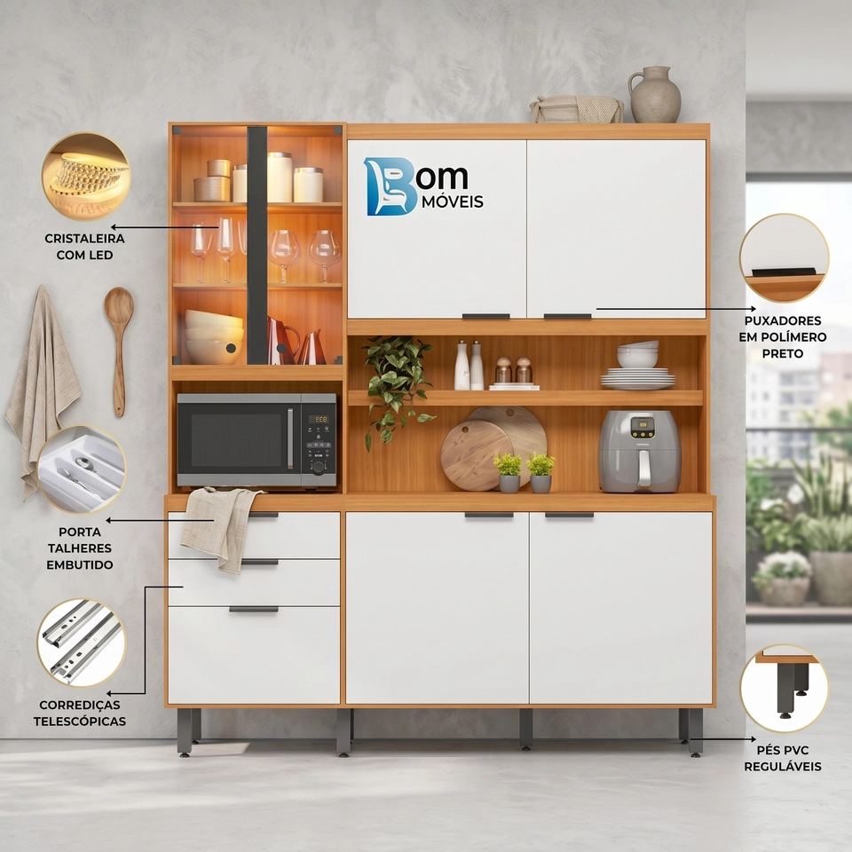 Cozinha Compacta Murano C/ 7 Portas 2 De Vidro C/ Led 7 Pés Reguláveis - Alt.: 212cm - Larg.: 182 - Prof.: 48 - 6