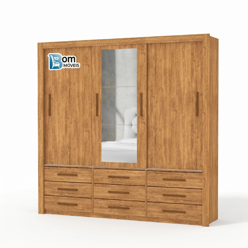 Guarda Roupa Anjos 3 Portas Deslizantes C/ Espelho 9 Gavetas - Alt.: 208cm - Larg.: 191cm - Prof.: 54cm - 3