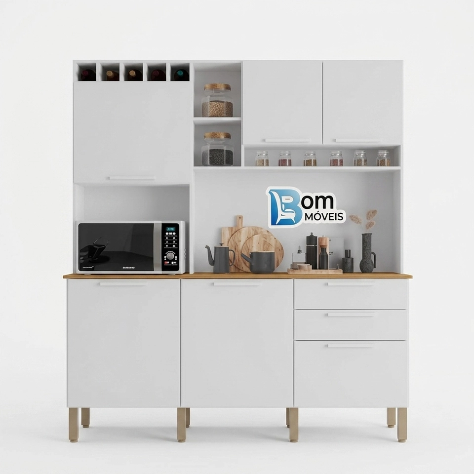 Cozinha Compacta Topázio 6 Portas 2 Gavetas Puxadores Mdf 5 Prateleiras Nicho Adega 8 Pés Reguláveis - Alt.: 201cm Larg.: 165cm Prof.: 45cm. - 4