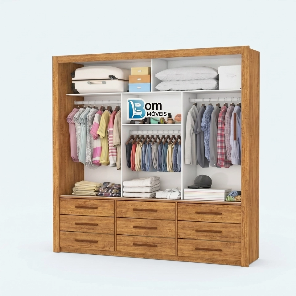 Guarda Roupa Anjos 3 Portas Deslizantes C/ Espelho 9 Gavetas - Alt.: 208cm - Larg.: 191cm - Prof.: 54cm - 4