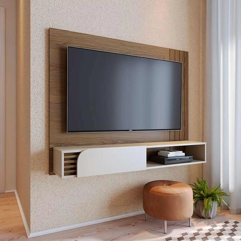 Painel Jurere Para Tv De Até 60 Polegadas 1 Porta Bascula C/ Ripas E Faixa Lateral Ripada - Alt.: 108cm Larg.: 136cm Prof.: 28cm. - 5