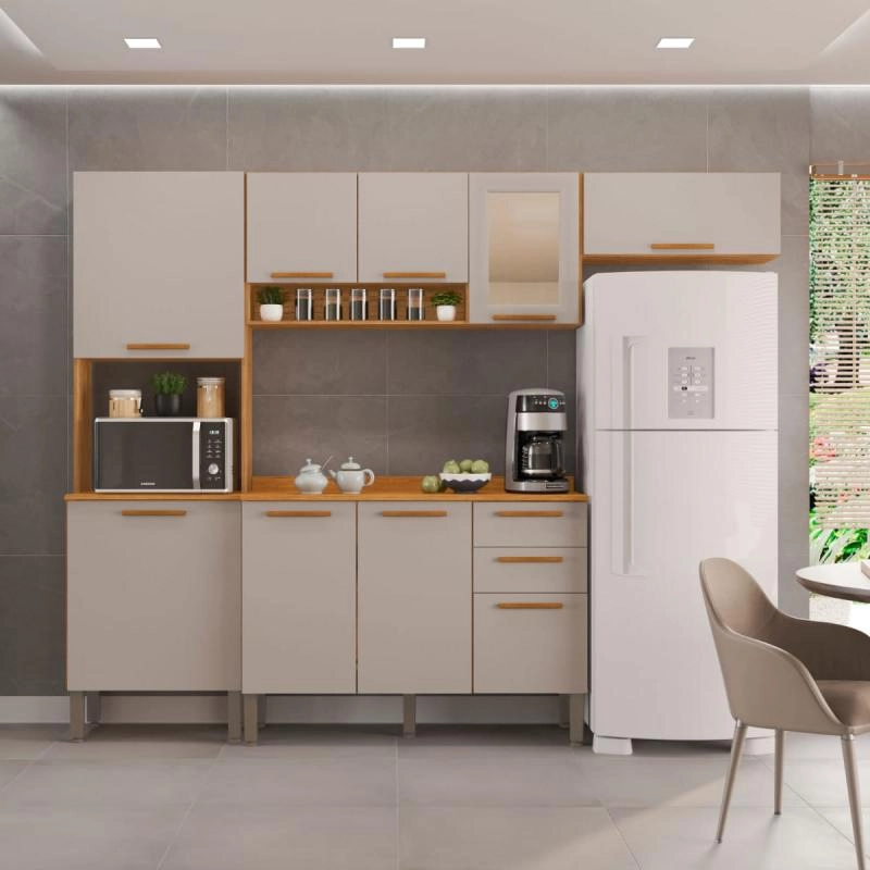 Cozinha Modulada 4 Peças 8 Portas 1 Porta de Vidro 2 Gavetas Puxadores  Em Mdf 10 Pés Reguláveis. 