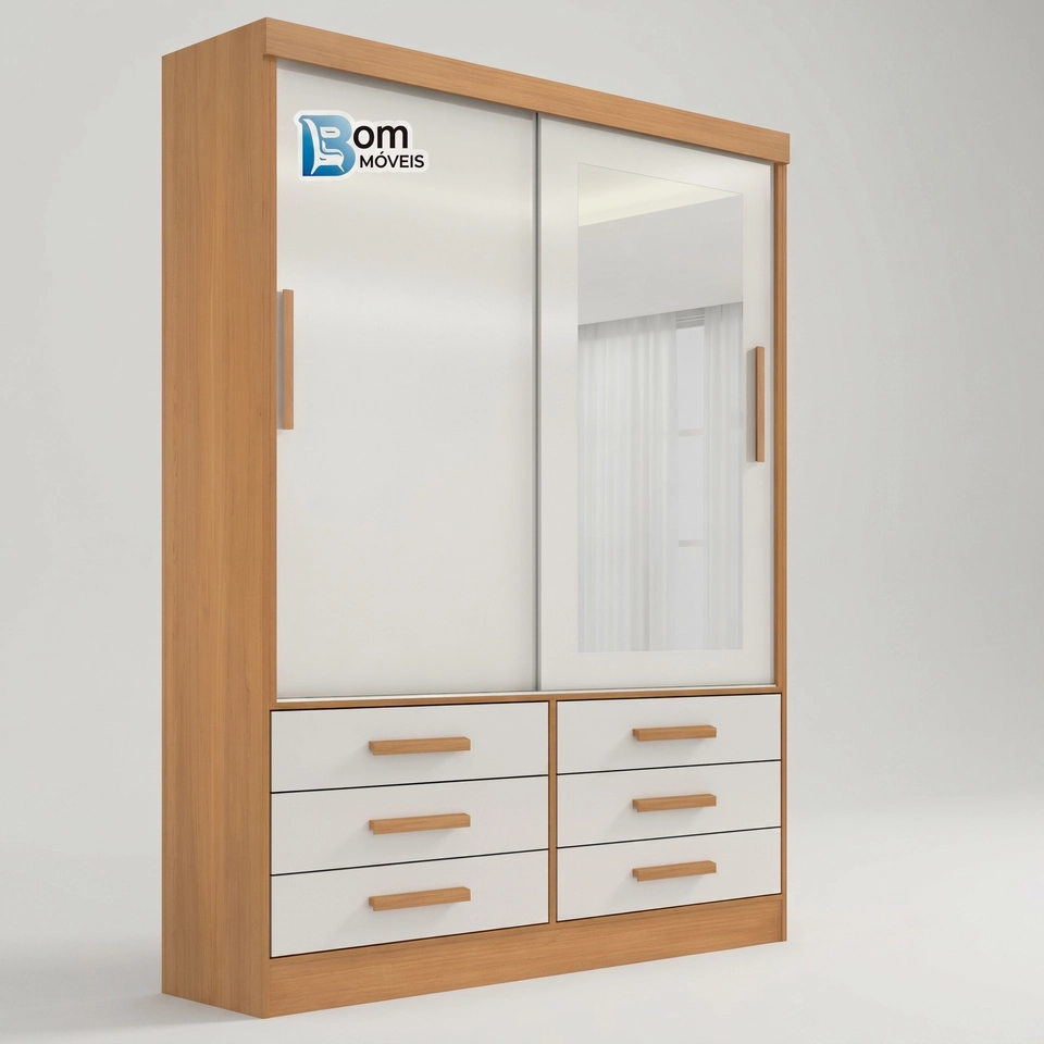 Guarda Roupa Meridia 2 Portas Deslizantes 1 C/ Espelho Inteiro 6 Gavetas - Alt.: 218cm - Larg.: 135cm - Prof.: 52cm.