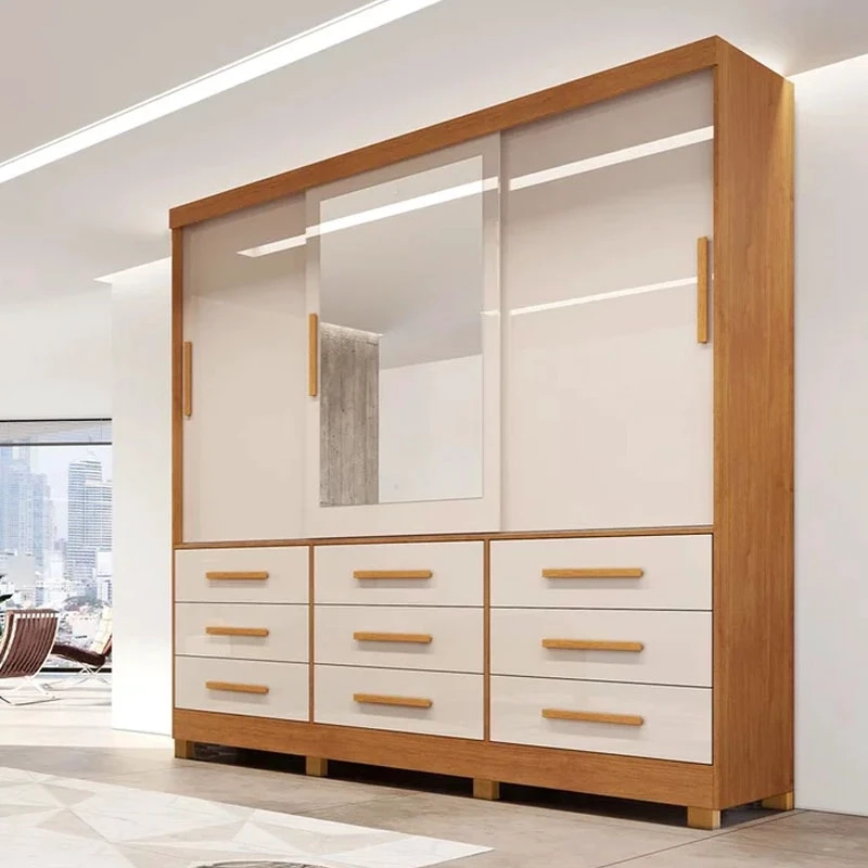 Guarda Roupa Athenas C/ Espelho 3 Portas Deslizantes C/ 9 Gavetas Puxadores Mdf 8 Pés - Alt.: 210cm Larg.: 180cm Prof.: 46cm. - 1