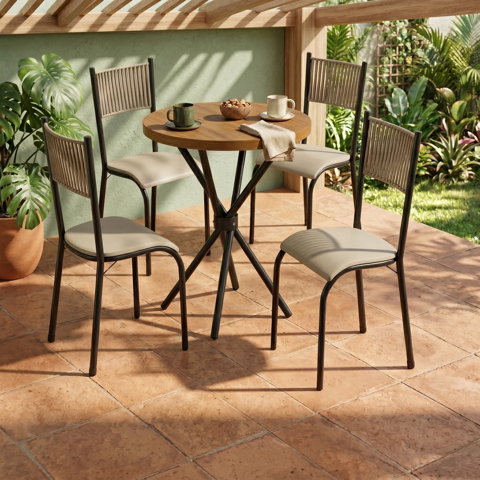 Conjunto de Mesa Argola De Madeira Ripada e Base Metálica 4 Cadeiras C/ Corda Náutica -   - 3