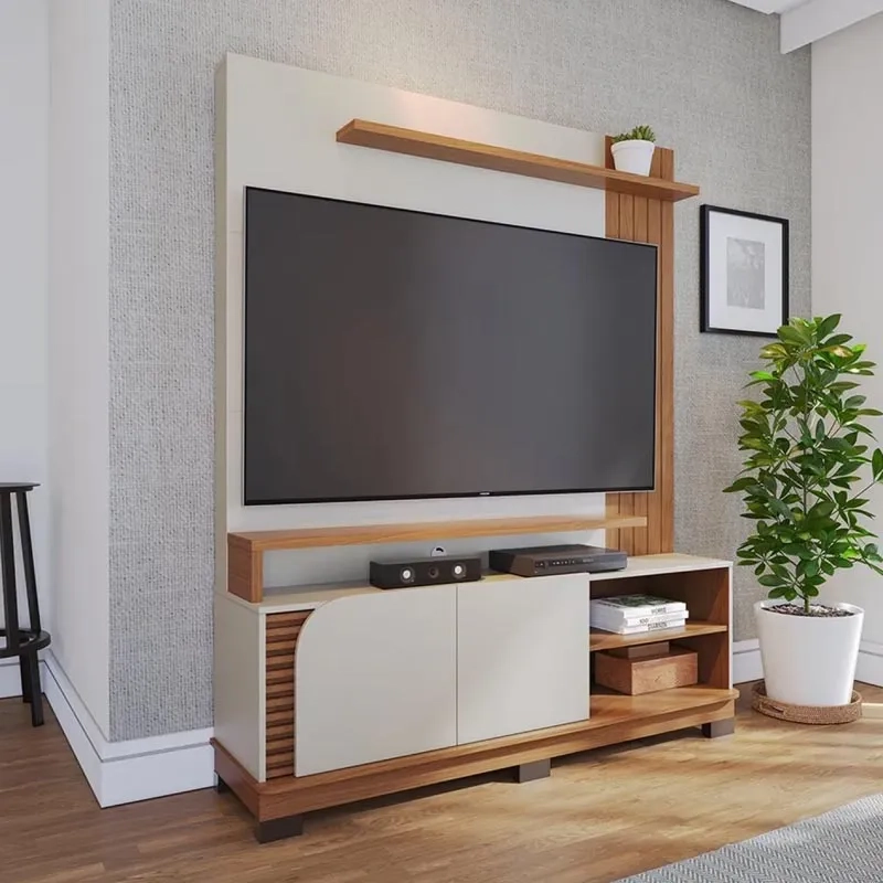 Home Theater Jurerê Tv Até 65 Polegadas 2 Portas Ripado Na Lateral Inferior Prateleira Superior Lateral Frisada 6 Pés - Alt.: 187cm Larg.: 152cm Prof.: 41cm.