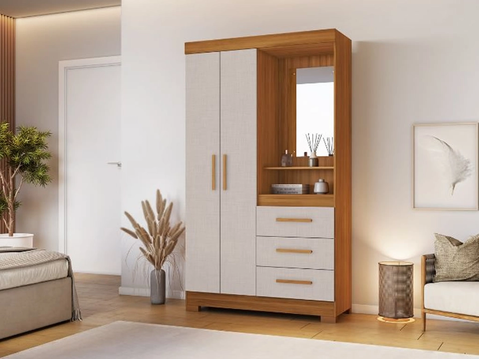 Guarda Roupa 6020 C/ Espelho 1 Prateleira Externa 2 Portas 3 Gavetas 4 Pés - Alt.: 188cm Larg.: 108cm Prof.: 54cm.