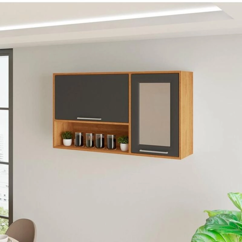 Armário Aéreo Basculante Para Cozinha Paris C/ 1 Porta De Vidro 1 Porta Basculante 2 Prateleiras 1 Nicho - Alt.: 67cm Larg.: 120cm Prof.: 31cm. - 4