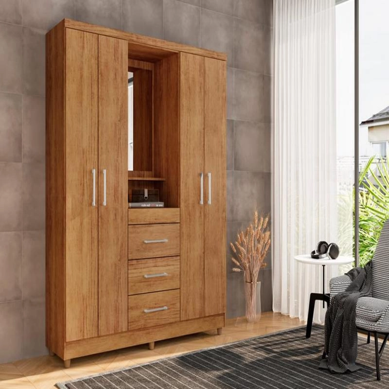 Guarda Roupa Lyon C/ Espelho 4 Portas 3 Gavetas Puxadores Metalizados 6 Pés - Alt.: 188cm Larg.: 150cm Prof.: 42cm. - 1