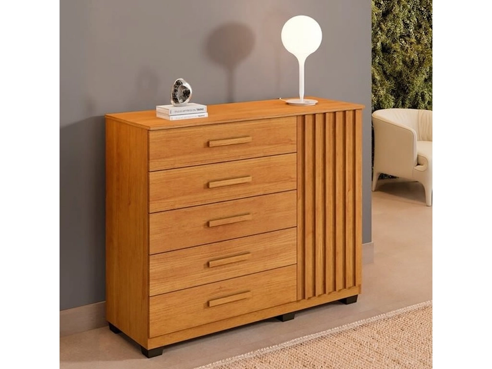 Cômoda Paris 5 Gavetas 1 Porta Ripada Puxadores Mdf 2 Prateleiras 6 Pés - Alt.: 110cm Larg.: 122cm Prof.: 46cm. - 6