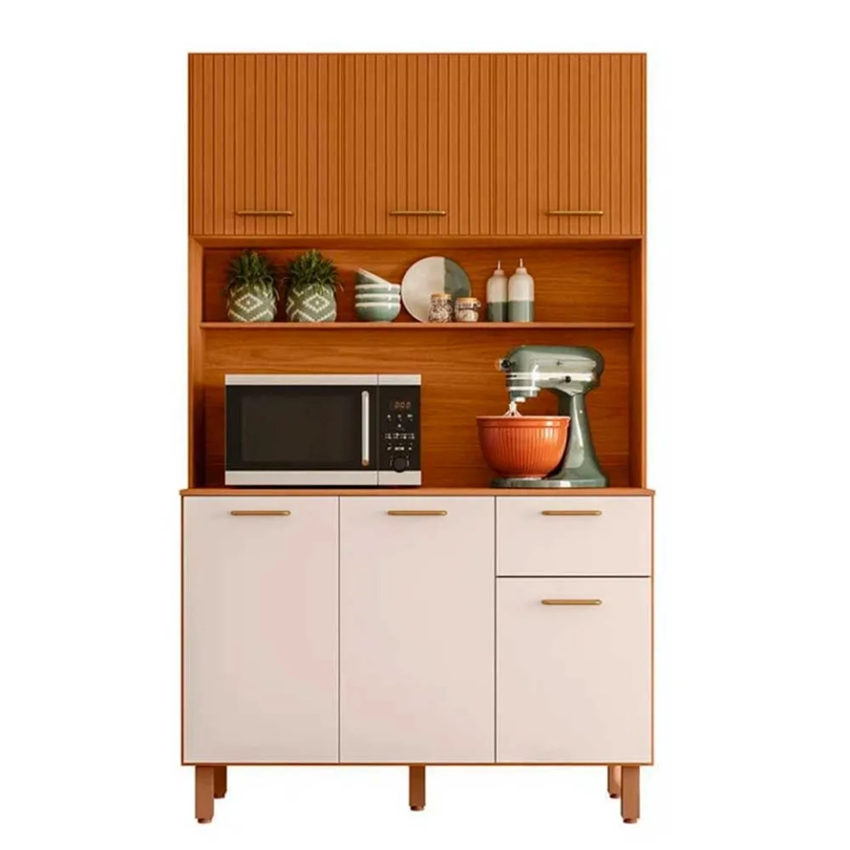 Cozinha Compacta Livia 6 Portas 3 Ripadas Graficamente 1 Gaveta Puxadores Metalizados 5 Pés Reguláveis - Alt.: 188cm Larg.: 110cm Prof.: 35cm.