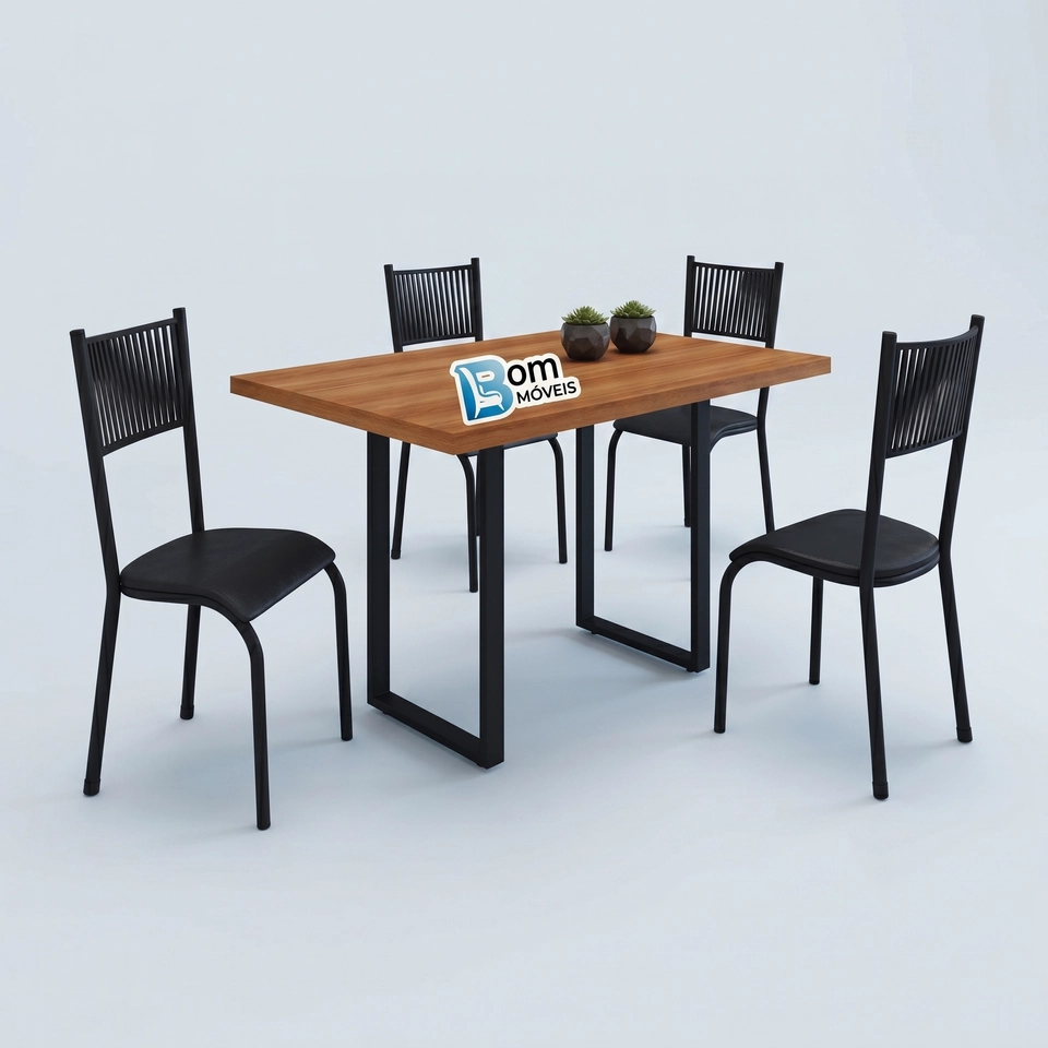 Conjunto Mesa em Madeira e Base De Metal 4 Cadeiras com Corda Naútica - Alt.: 76cm - Larg.: 75cm - Prof.: 115cm 