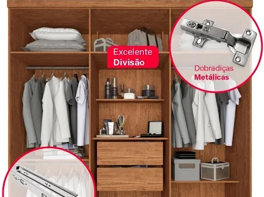 Guarda Roupa Portugal Mdf 6 Portas 2 frisadas 2 Gavetas Puxadores Mdf 8 Pés - Alt.: 216cm Larg.: 183cm Prof.: 45cm. - 6
