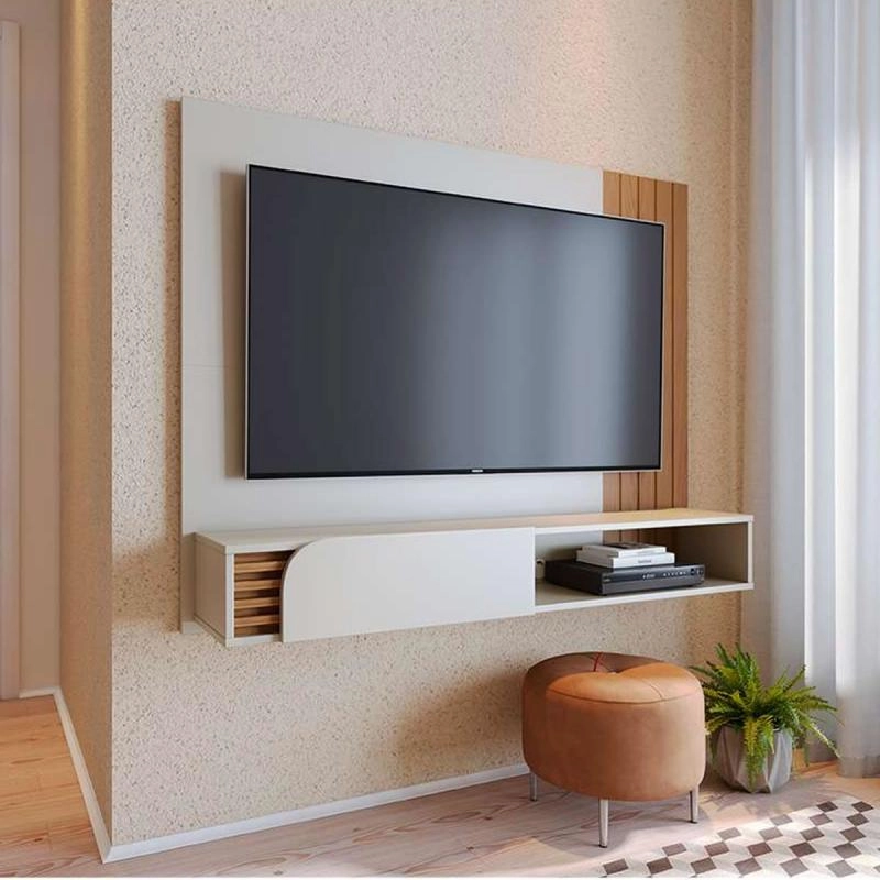 Painel Jurere Para Tv De Até 60 Polegadas 1 Porta Bascula C/ Ripas E Faixa Lateral Ripada - Alt.: 108cm Larg.: 136cm Prof.: 28cm. - 2