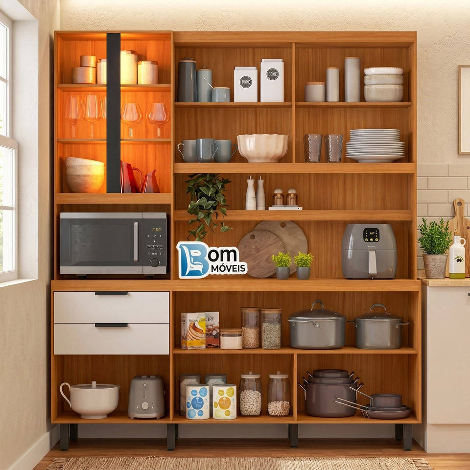 Cozinha Compacta Murano C/ 7 Portas 2 De Vidro C/ Led 7 Pés Reguláveis - Alt.: 212cm - Larg.: 182 - Prof.: 48 - 5