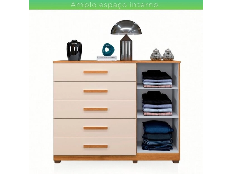 Cômoda Paris 5 Gavetas 1 Porta Ripada Puxadores Mdf 2 Prateleiras 6 Pés - Alt.: 110cm Larg.: 122cm Prof.: 46cm. - 3