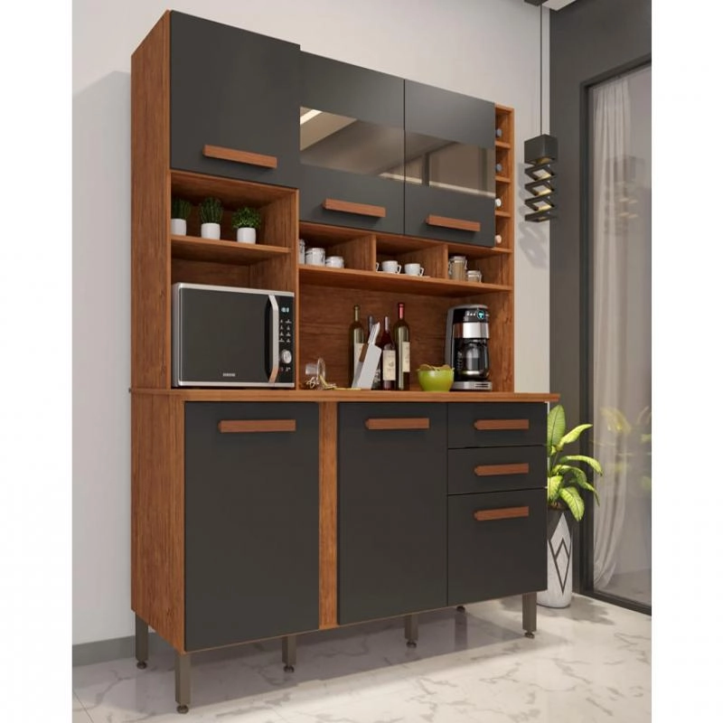 Cozinha Compacta Alexia C/ 2 Espelhos 6 Portas 2 Gavetas Nicho Adega Puxadores Mdf 6 Pés Reguláveis - Alt.: 200cm Larg.: 182cm Prof.: 42cm.  - 1