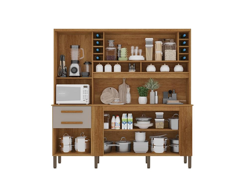 Cozinha Catar Com Molduras Ripadas 6 Portas 2 Gavetas Puxadores Mdf 2 Nichos Adega 8 Pés Reguláveis - Alt.: 200cm Larg.: 200cm Prof.: 45cm. - 4