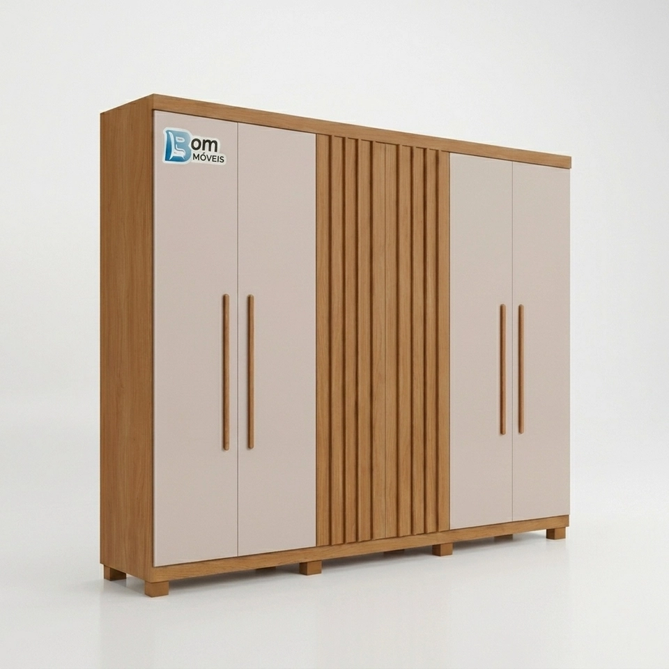 Guarda Roupa Milão 6 Portas 2 Ripadas 3 Gavetas Puxadores Mdf 8 Pés Pvc - Alt.: 215cm Larg.: 200cm Prof.: 47cm - 1