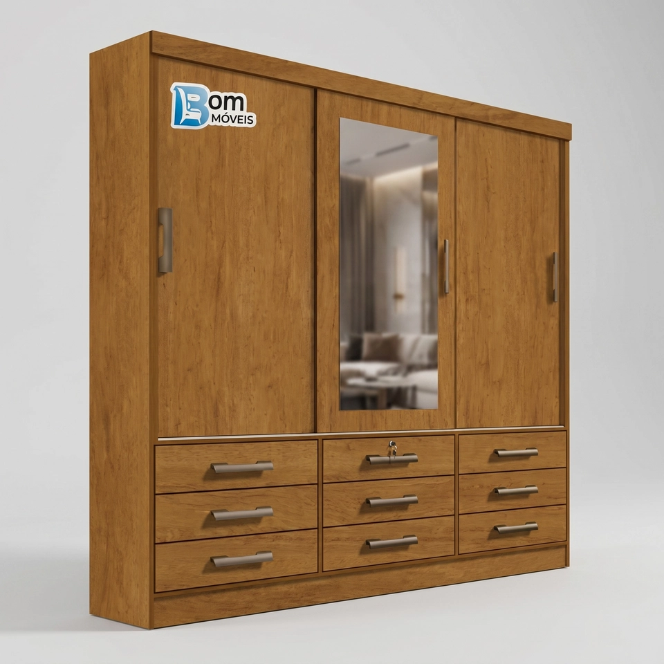 Guarda Roupa Meridia 3 Portas Deslizantes, 1 Espelho Inteiro 9 Gavetas C/ 1  Chave - Alt.: 218cm - Larg.: 200cm - Prof.: 52cm. - 4
