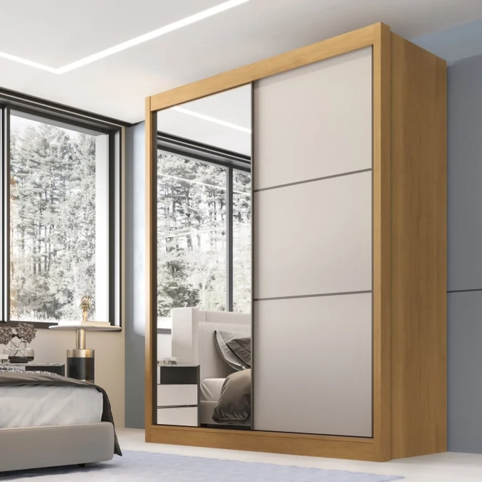 Guarda Roupa Atenas 2 Portas Deslizantes C/ Espelho 3 Gavetas 8 Prateleiras - Alt.: 230cm Larg.: 185cm Prof.: 62cm.
