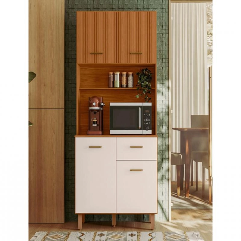 Cozinha Compacta Izis 4 Portas 2 Superiores C/ Ripado Gráfico 1 Gaveta Puxadores Bronze Metálicos 6 Pés Reguláveis - Alt.: 188cm Larg.: 90cm Prof.: 35cm. - 2