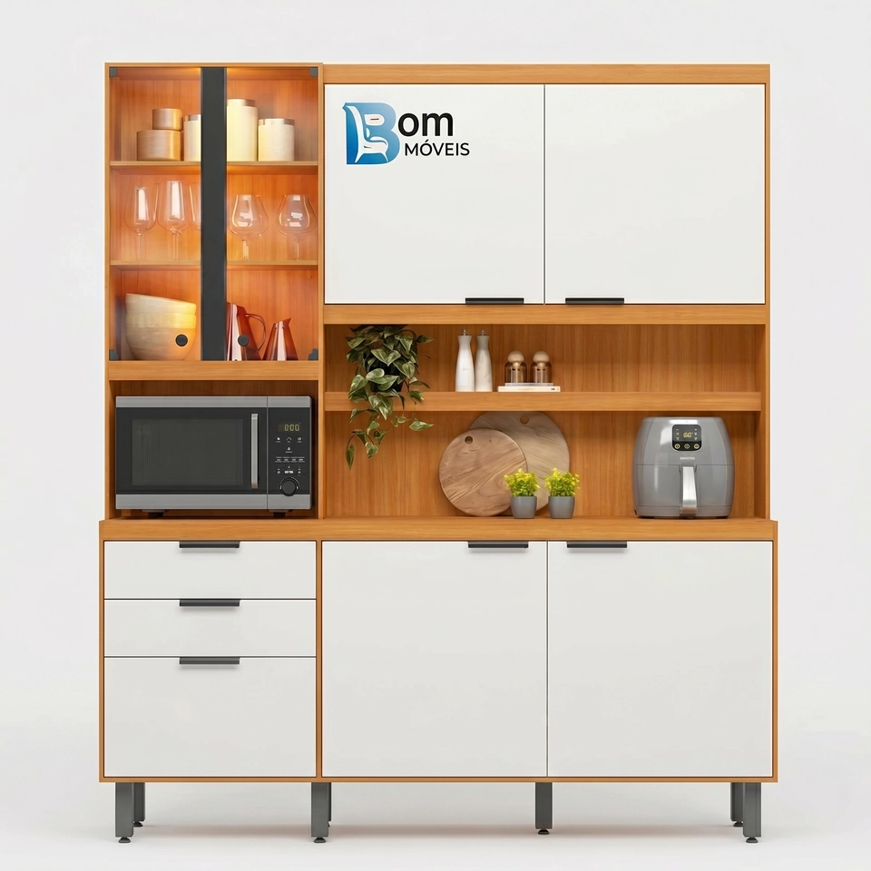 Cozinha Compacta Murano C/ 7 Portas 2 De Vidro C/ Led 7 Pés Reguláveis - Alt.: 212cm - Larg.: 182 - Prof.: 48