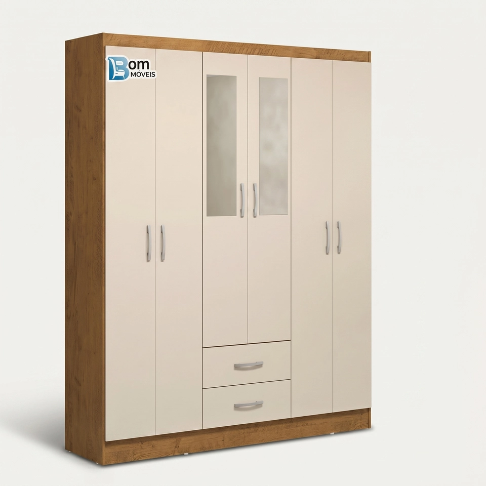 Guarda Roupa Roma 6 Portas 2 Gavetas - Alt.:175cm Larg.: 138cm Prof.:38cm.