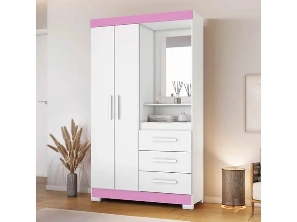 Guarda Roupa 6020 C/ Espelho 1 Prateleira Externa 2 Portas 3 Gavetas 4 Pés - Alt.: 188cm Larg.: 108cm Prof.: 54cm. - 3