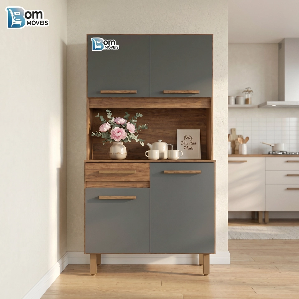 Cozinha Compacta Uruguai 4 Portas 1 Gaveta Puxadores de Mdf E Pés Reguláveis - Alt.: 170cm - Larg.: 91cm - Prof.: 35,5 - 2