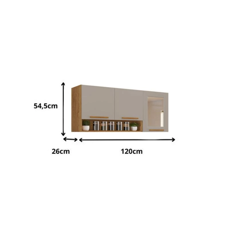 Armário Aéreo De Cozinha Valencia C/ Vidro Reflecta 3 Portas 2 Prateleiras Puxador Mdf - Alt.: 54cm Larg.: 120cm Prof.: 26cm. - 3