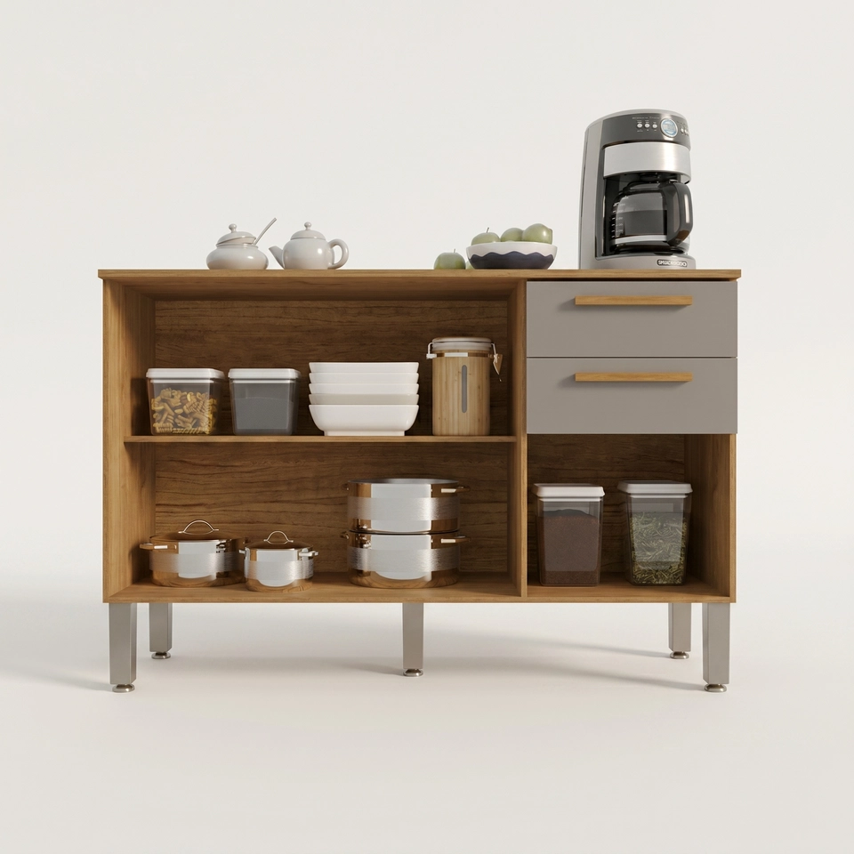 Balcão New Valencia C/ 3 Portas 1 Prateleira 2 Gavetas Puxadores Mdf 5 Pés Reguláveis - Alt.: 85,5cm Larg.: 120cm Prof.: 36cm. - 4