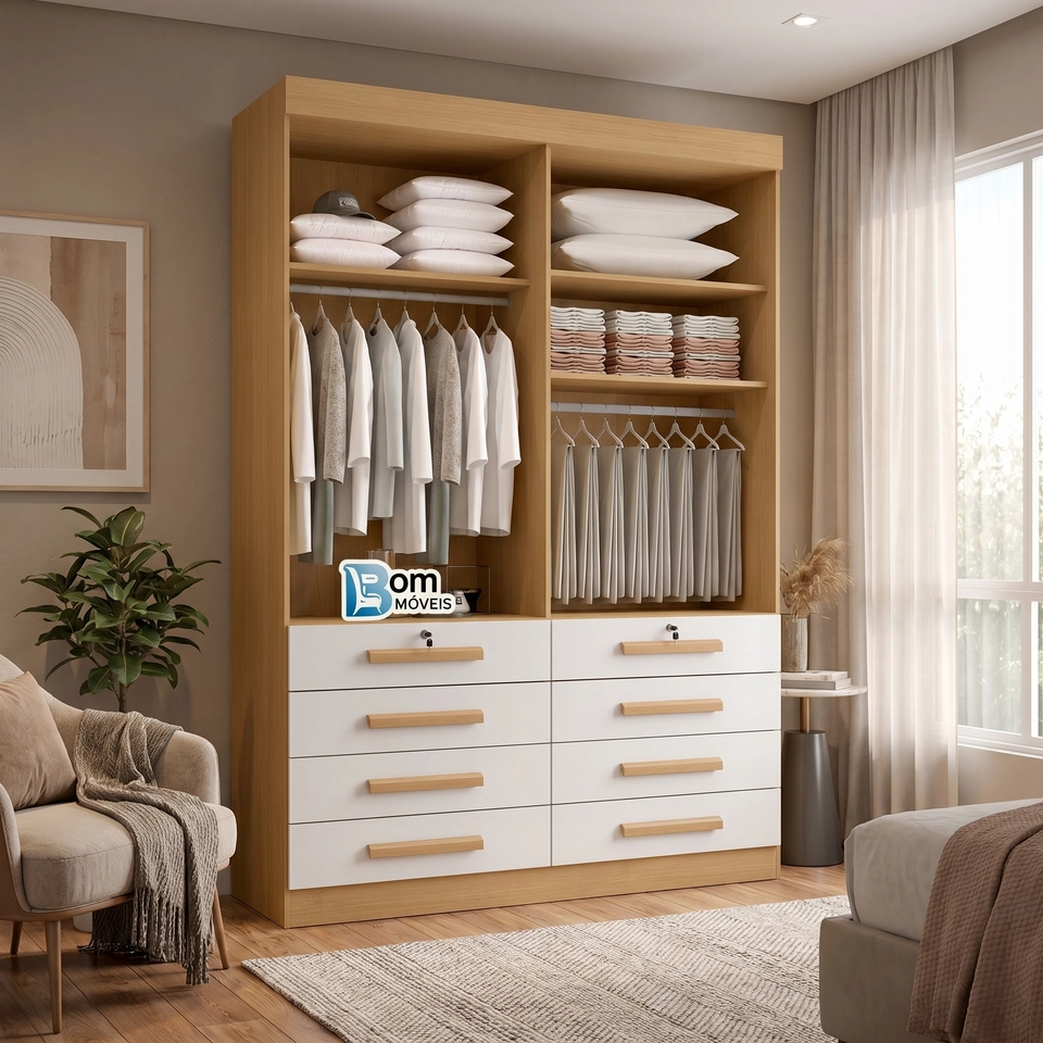 Guarda Roupa Mônaco 4 Portas 8 Gavetas 2 C/ Chave Puxadores De Mdf - Alt.: 230cm - Larg.: 160cm - Prof.: 55cm. - 2