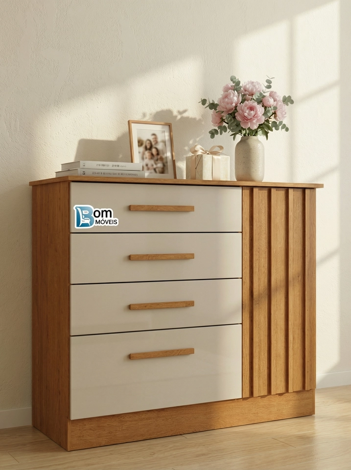 Cômoda C/ Sapateira Guarani Porta Ripada 4 Gavetas Puxadores Mdf 1 Prateleira - Alt.: 91cm - Larg.: 104cm - Prof.: 44cm. - 2