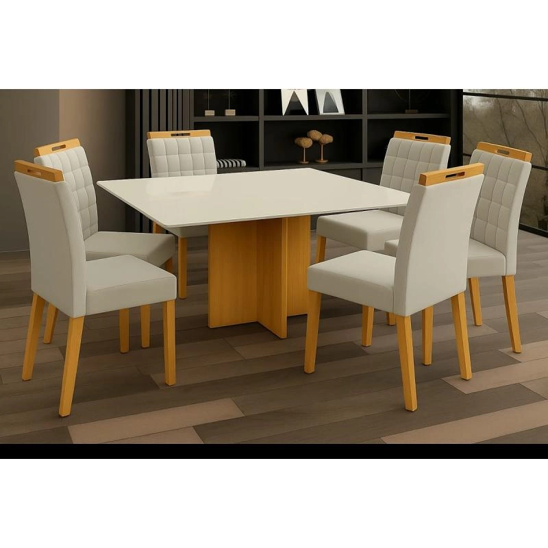 Conjunto De Mesa Malaga C/ Tampo De Vidro E Base De Mdf C/ 6 Cadeiras - Larg.: 160cm - Prof.: 80cm. 