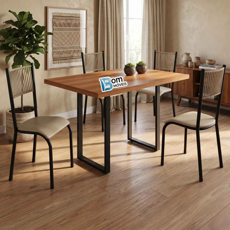 Conjunto Mesa em Madeira e Base De Metal 4 Cadeiras com Corda Naútica - Alt.: 76cm - Larg.: 75cm - Prof.: 115cm  - 4