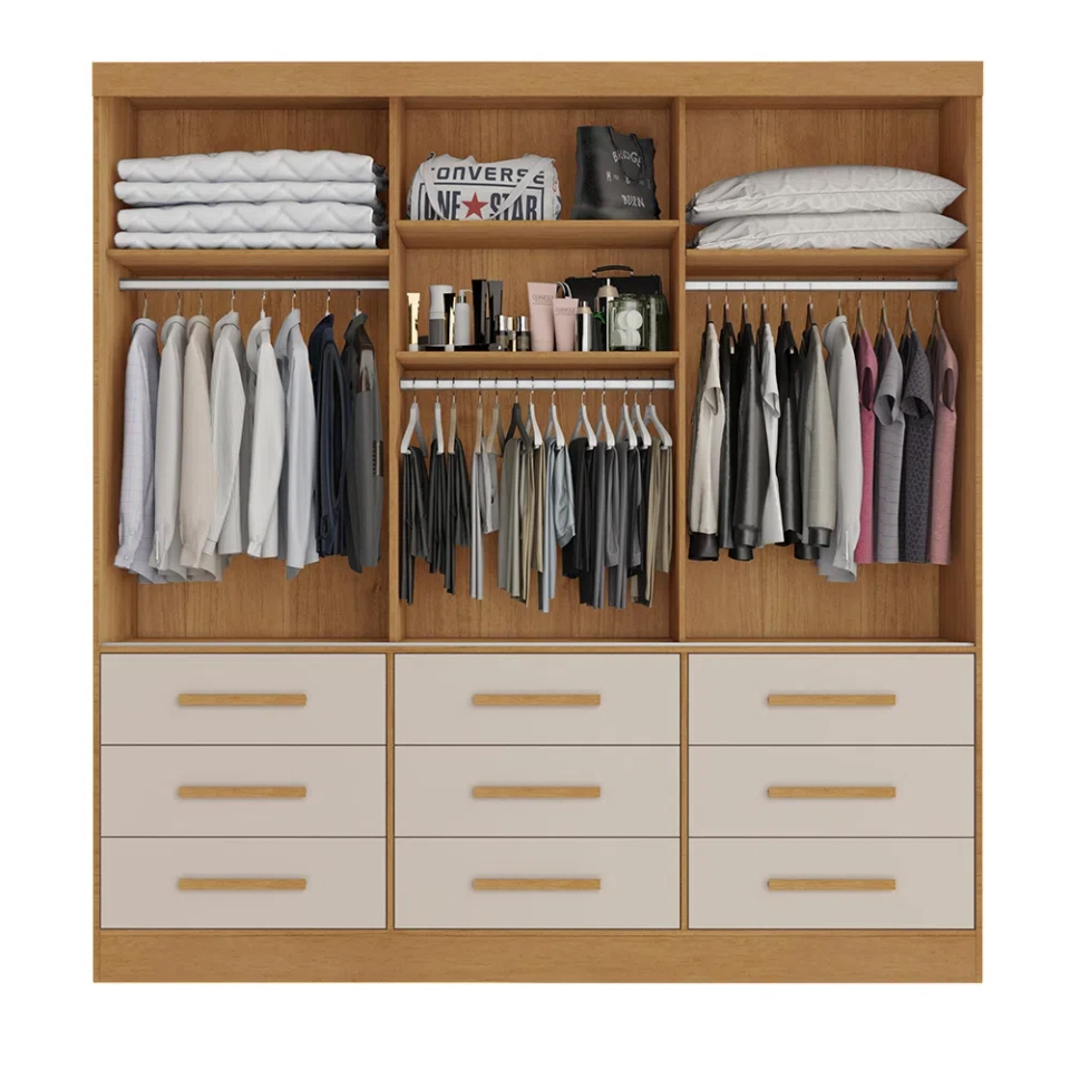 Guarda Roupa Athenas C/ Espelho 3 Portas Deslizantes C/ 9 Gavetas Puxadores Mdf 8 Pés - Alt.: 210cm Larg.: 180cm Prof.: 46cm. - 2