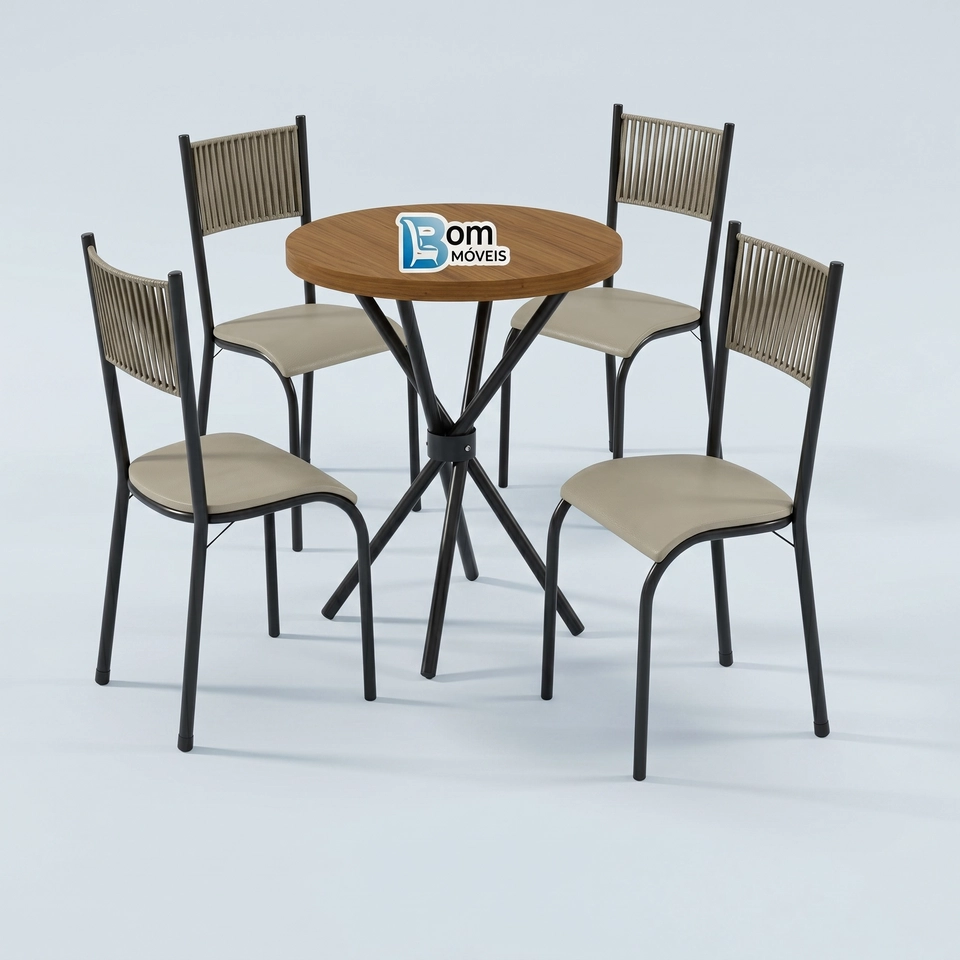 Conjunto de Mesa Argola De Madeira Ripada e Base Metálica 4 Cadeiras C/ Corda Náutica -  