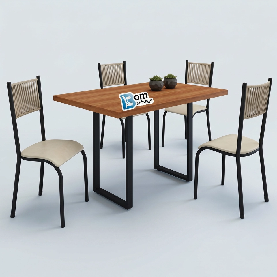 Conjunto Mesa em Madeira e Base De Metal 4 Cadeiras com Corda Naútica - Alt.: 76cm - Larg.: 75cm - Prof.: 115cm  - 3