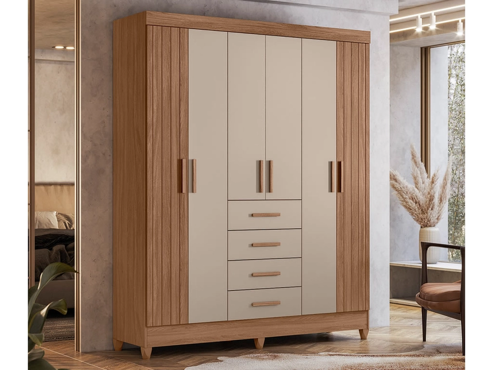 Guarda Roupa Aruba 6 Portas 2 Ripadas 4 Gavetas Puxadores de Mdf 6 Pés - Alt.: 204cm Larg.: 165cm Prof.:47cm