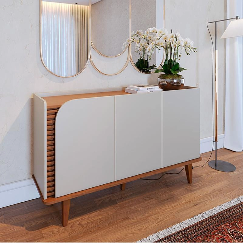 Buffet Aparador Jurerê 3 Portas Lateral Ripada 5 Divisões internas 5 Pés Palitos Retrô de Madeira - Alt.: 79cm Larg.: 136cm Prof.: 39cm. - 4