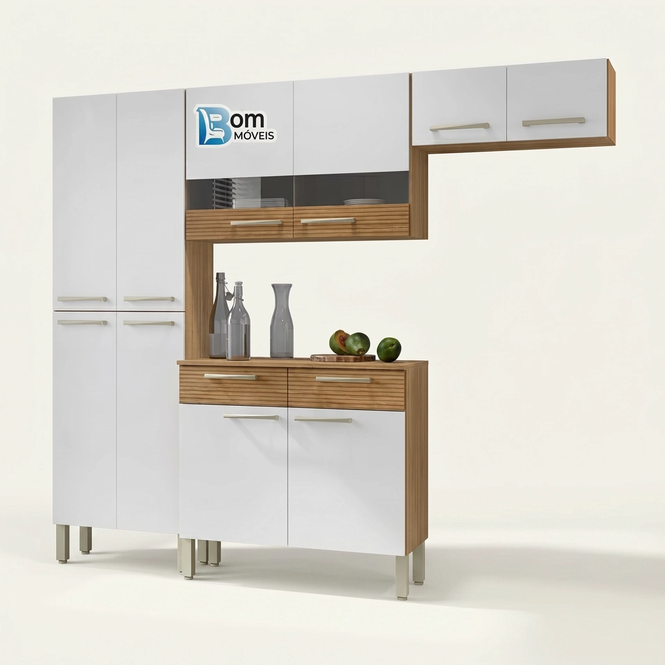 Cozinha Nala C/ 10 Portas 2 C/ Vidro Balcão C/ 2 Gavetas Puxadores Metalizados 8 Pés Reguláveis - Alt.: 193cm Larg.: 221cm Prof.: 28cm.